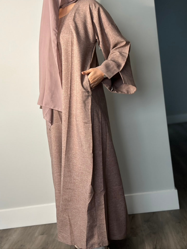 BROWN CLOSED LINEN ABAYA