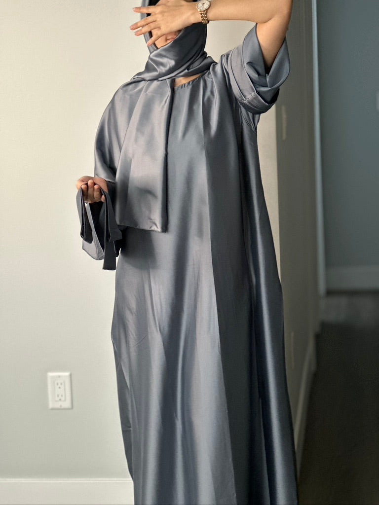 GRAY CLOSED SATIN ABAYA