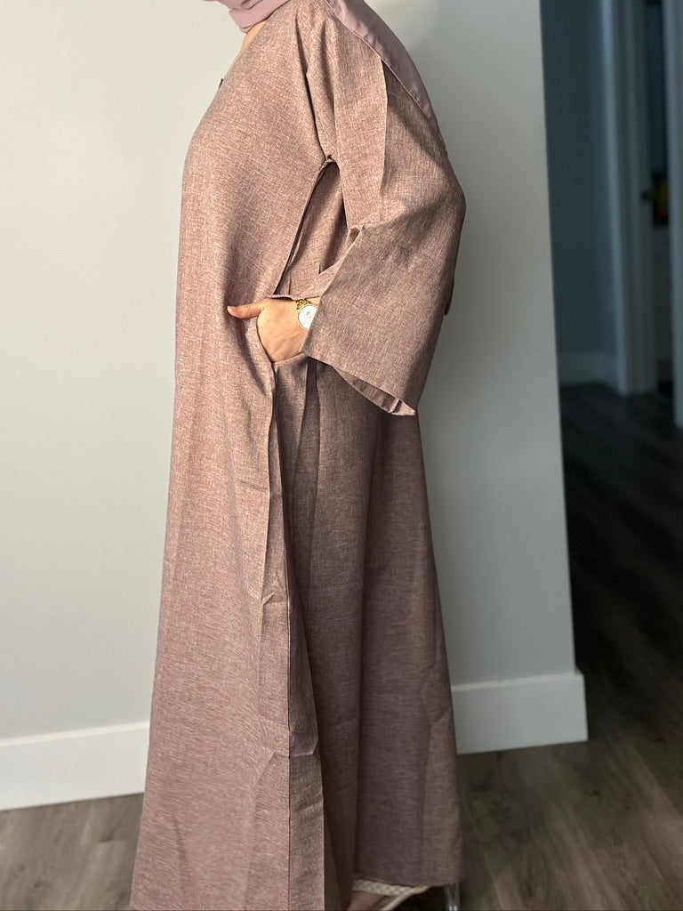 BROWN CLOSED LINEN ABAYA