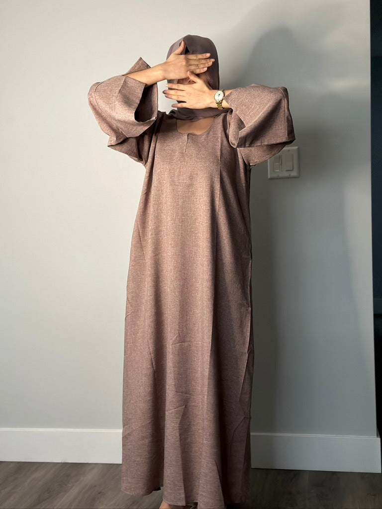 BROWN CLOSED LINEN ABAYA